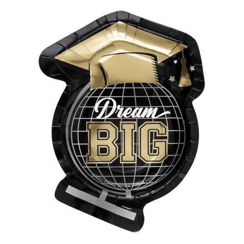 Black and gold graduation cap shaped plate with Dream Big text graduation theme from Parte Haus party supply store in Bethesda MD