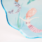 Blue mermaid-themed plate with pink and teal mermaid illustration birthday from Parte Haus party supply store in Bethesda Maryland.