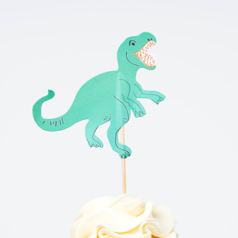 Green dinosaur cupcake topper for kids birthday from Parte Haus party supply store in Bethesda MD