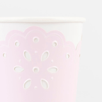 Pink iridescent paper cup with scalloped cutout design birthday from Parte Haus party supply store in Bethesda MD