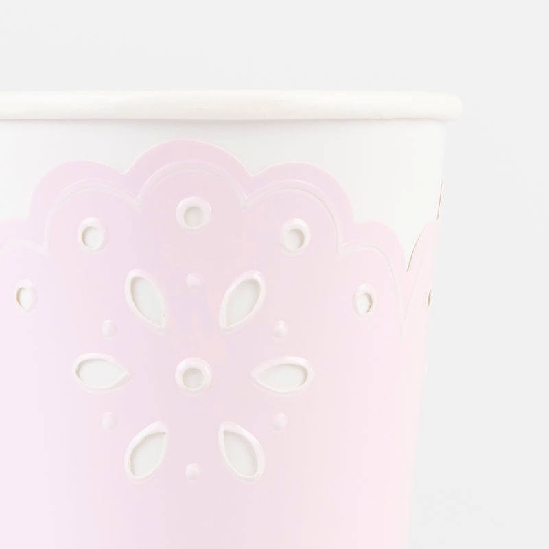 Pink iridescent paper cup with scalloped cutout design birthday from Parte Haus party supply store in Bethesda MD