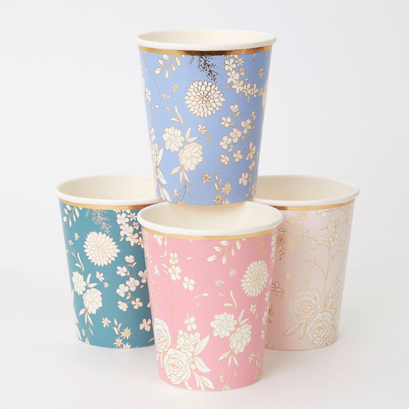 Blue pink green and cream floral paper cups spring theme from Parte Haus party supply store in Bethesda MD
