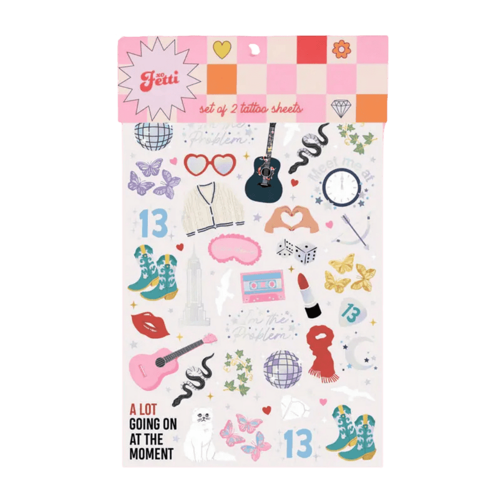 Multicolor temporary tattoo sheets with fun icons butterflies music lips birthday theme from Parte Haus party supply store in Bethesda Maryland