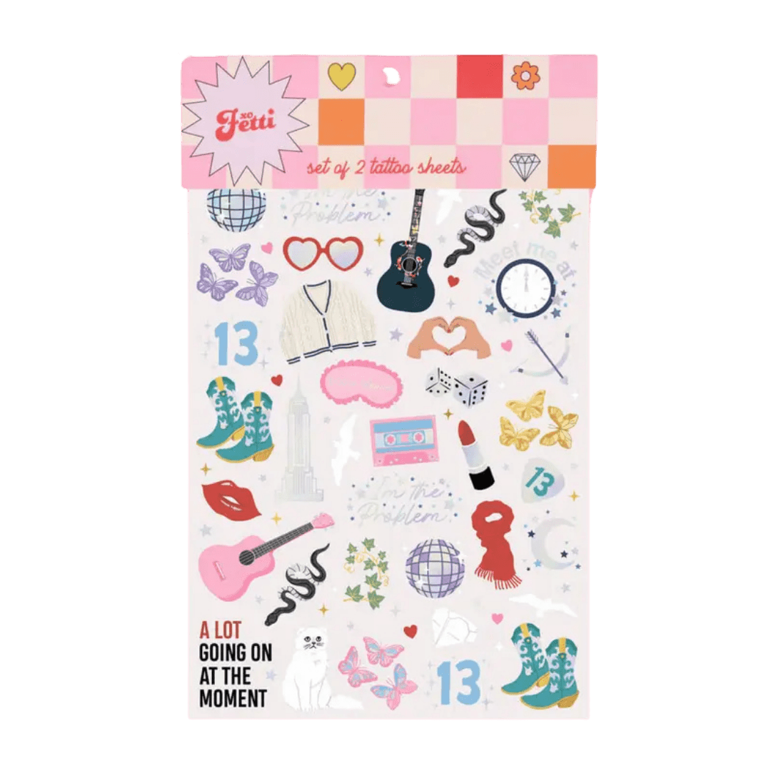 Multicolor temporary tattoo sheets with fun icons butterflies music lips birthday theme from Parte Haus party supply store in Bethesda Maryland