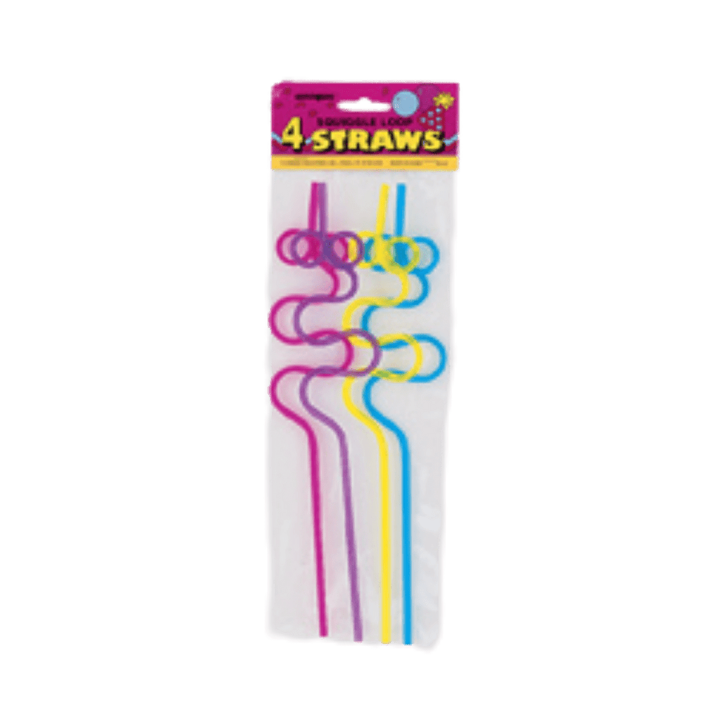 Pink yellow and blue crazy loop straws fun drink accessory birthday from Parte Haus party supply store in Bethesda MD.