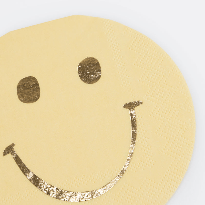 Yellow smiley face napkin with gold foil detail for birthday from Parte Haus party supply store in Bethesda MD