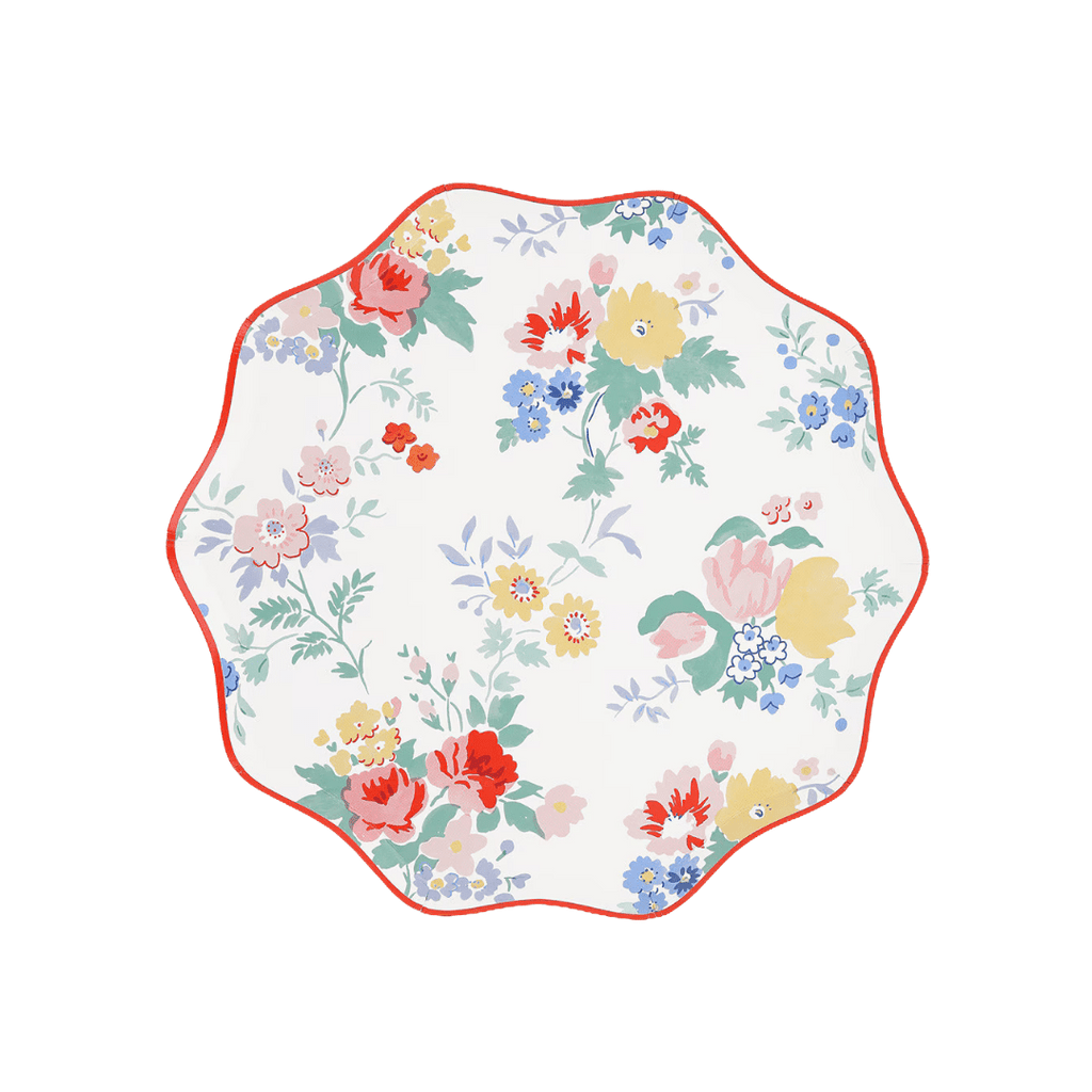 Multicolor floral scalloped plate with spring flower design birthday theme from Parte Haus party supply store in Bethesda MD