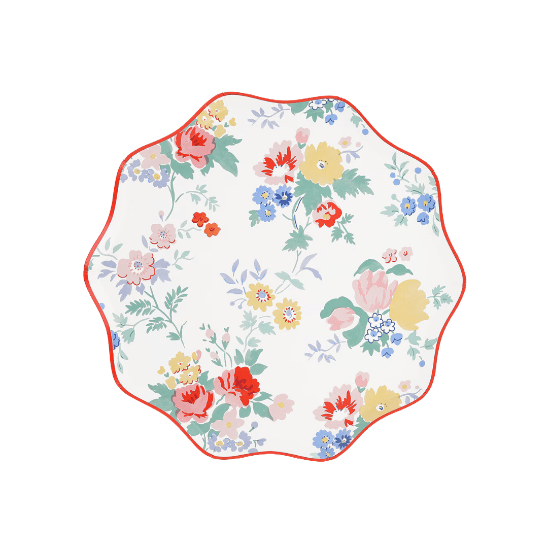 Multicolor floral scalloped plate with spring flower design birthday theme from Parte Haus party supply store in Bethesda MD