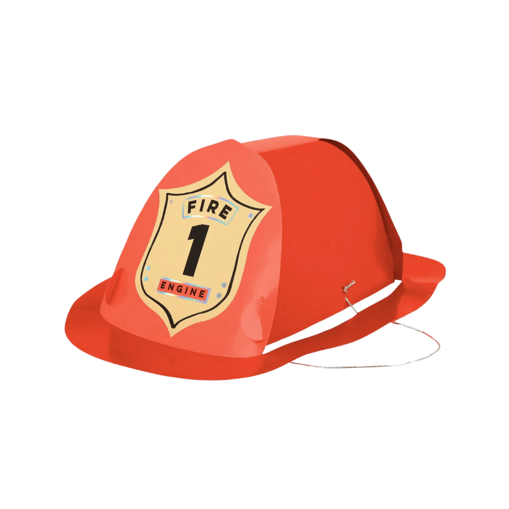 Red fireman hat paper accessory with fire engine badge kids birthday theme from Parte Haus party supply store in Bethesda MD