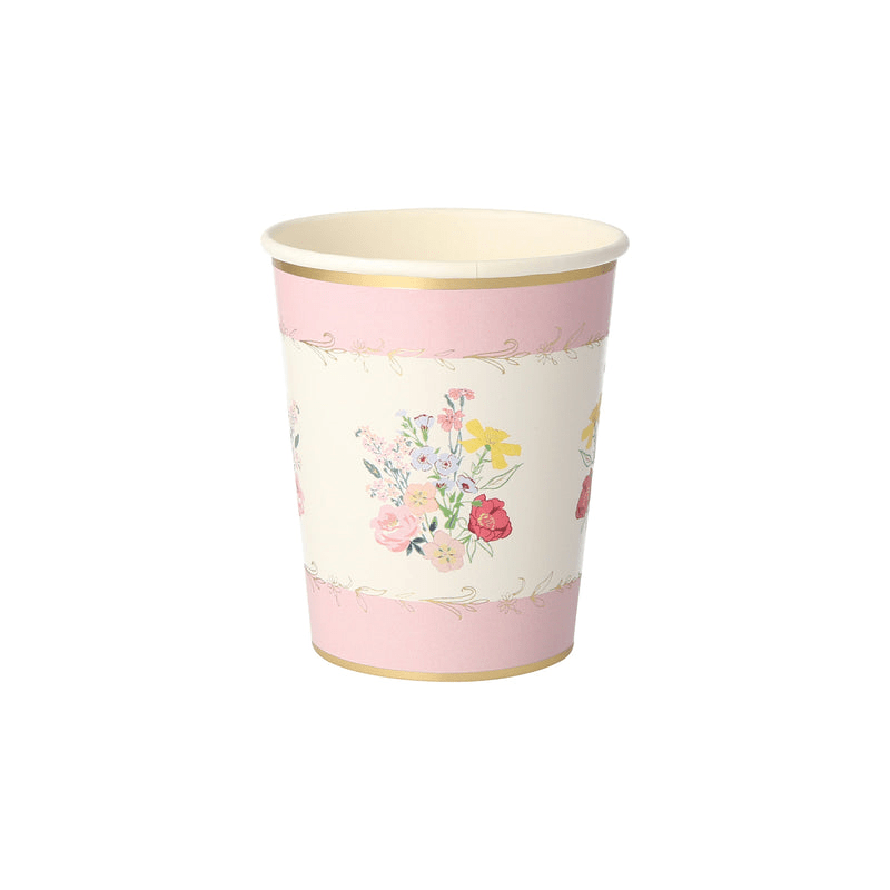 Pink floral paper cup with gold rim spring flower theme from Parte Haus party supply store in Bethesda MD.