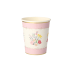 Pink floral paper cup with gold rim spring flower theme from Parte Haus party supply store in Bethesda MD.