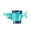 Blue shark paper cup with attached shark fin ocean birthday theme from Parte Haus party supply store in Bethesda Maryland