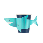 Blue shark paper cup with attached shark fin ocean birthday theme from Parte Haus party supply store in Bethesda Maryland