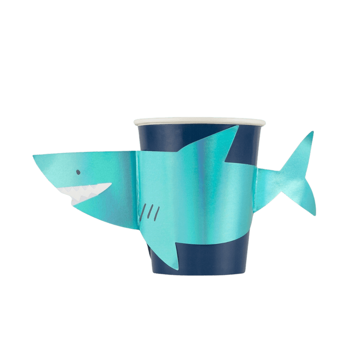 Blue shark paper cup with attached shark fin ocean birthday theme from Parte Haus party supply store in Bethesda Maryland