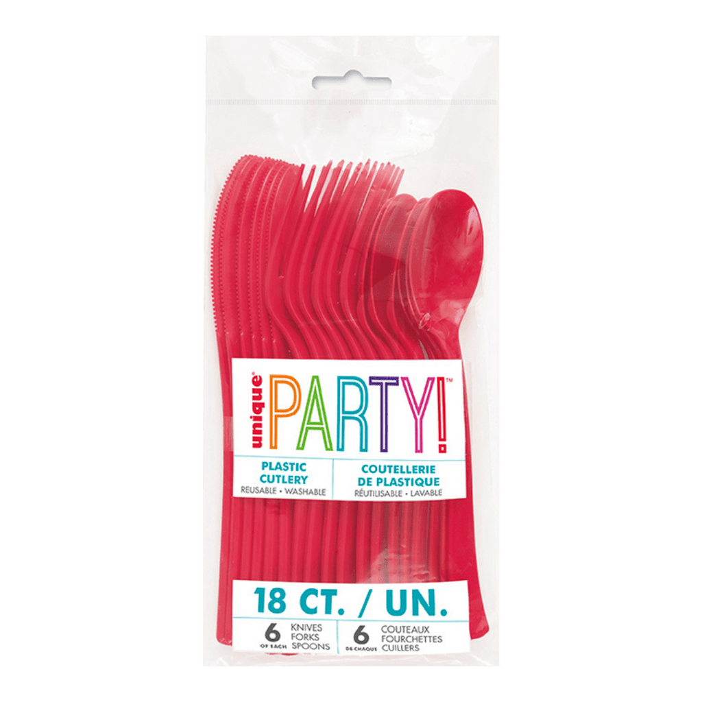 Red plastic cutlery set utensils for celebration theme from Parte Haus party supply store in Bethesda Maryland