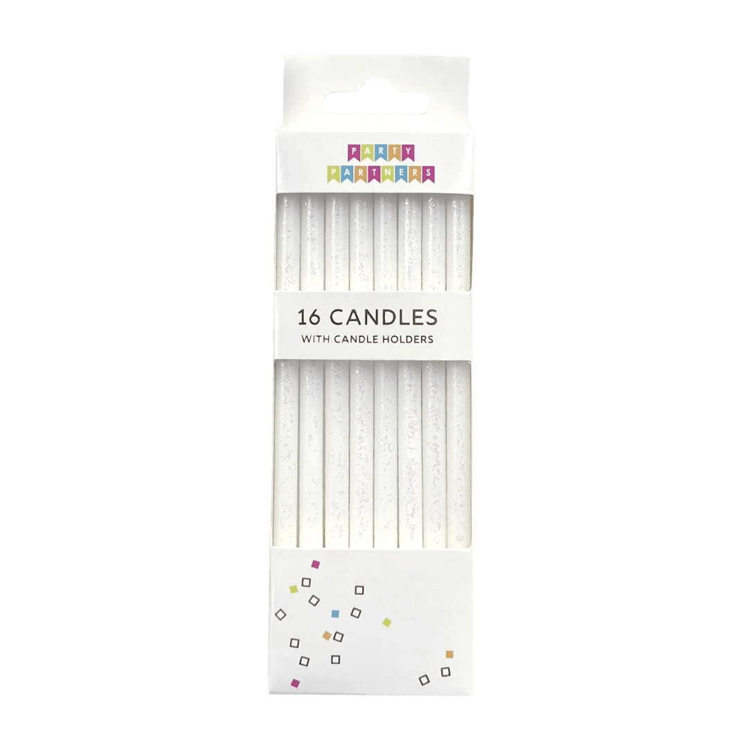 White glitter candles box birthday decor from Parte Haus party supply store in Bethesda Maryland