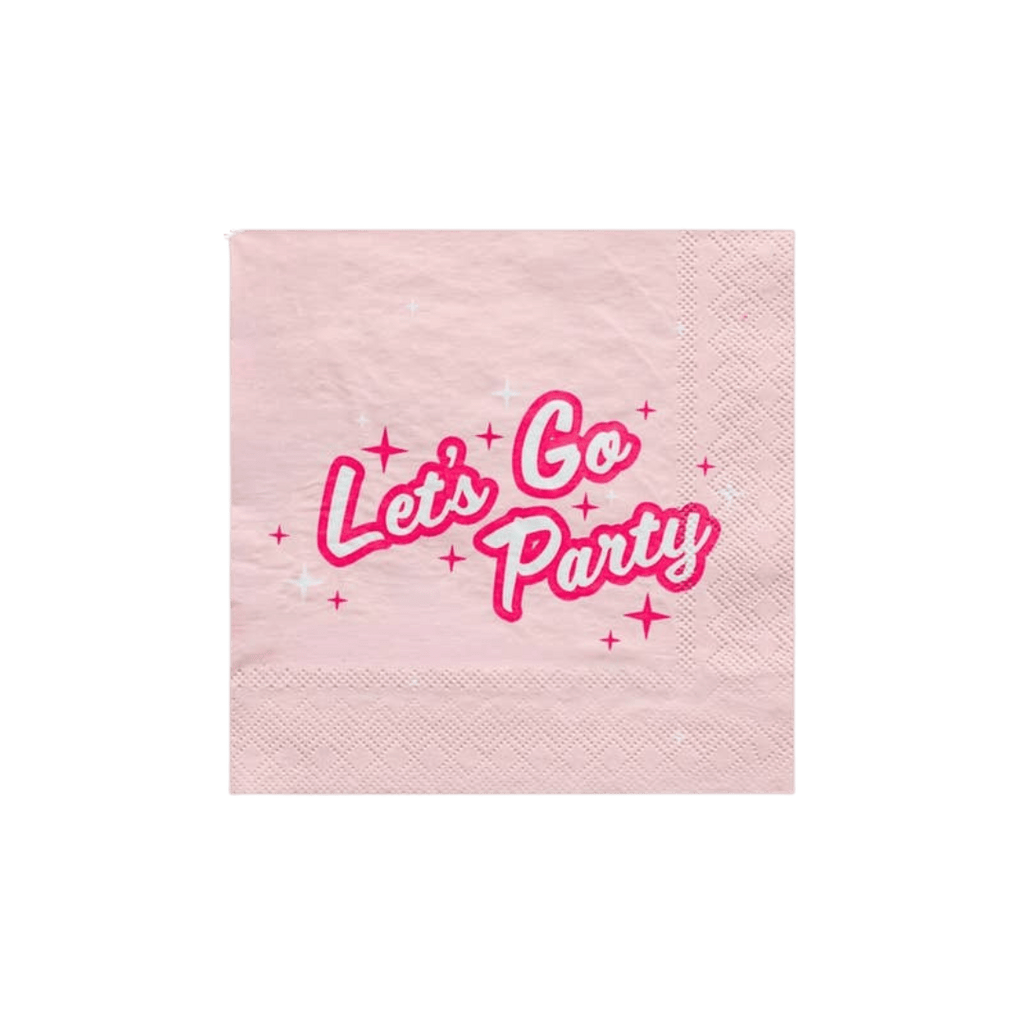 Pink napkin with Let’s Go Party text and star accents birthday theme from Parte Haus party supply store in Bethesda MD