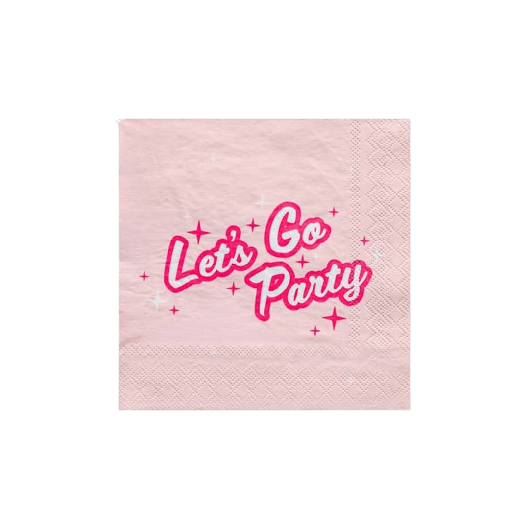 Pink napkin with Let’s Go Party text and star accents birthday theme from Parte Haus party supply store in Bethesda MD