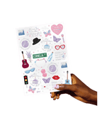 Colorful birthday theme sticker sheet with guitars butterflies hearts and hats from Parte Haus party supply store in Bethesda Maryland