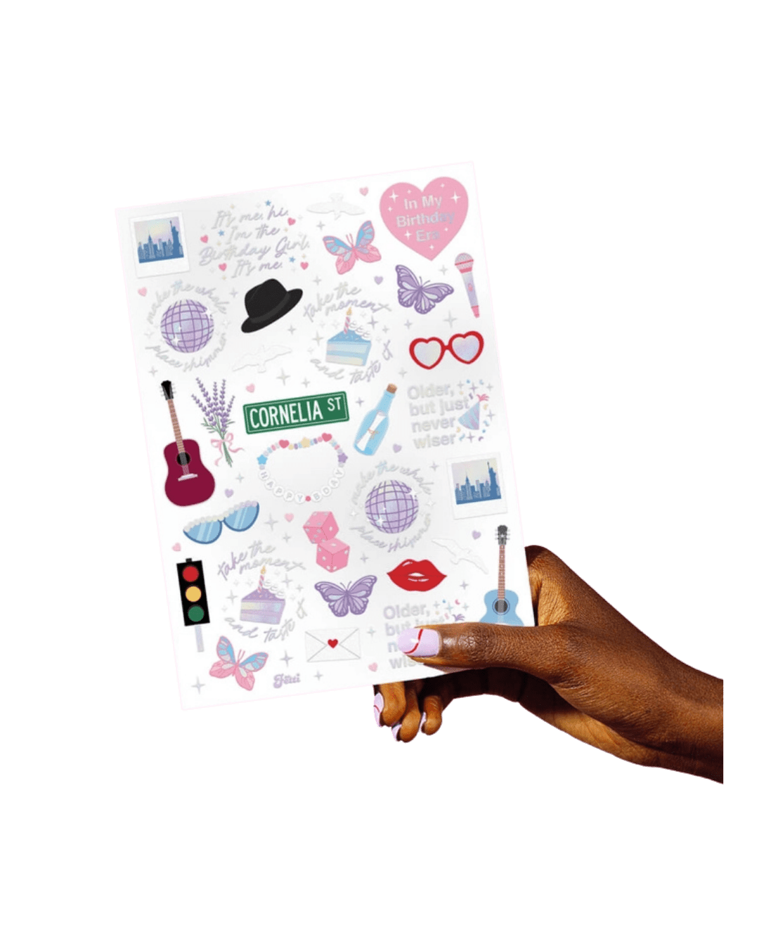 Colorful birthday theme sticker sheet with guitars butterflies hearts and hats from Parte Haus party supply store in Bethesda Maryland