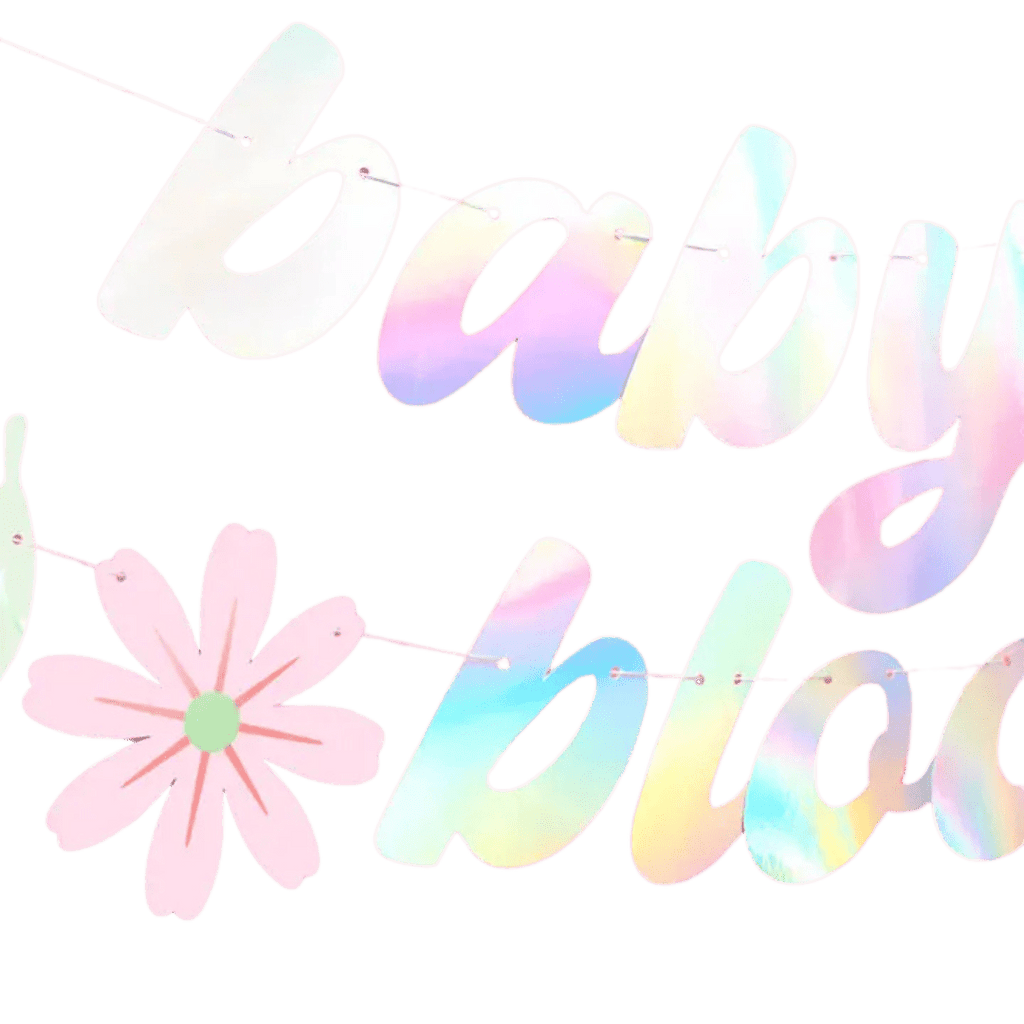Iridescent pastel baby shower garland with pink flower from Parte Haus party supply store in Bethesda Maryland