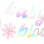 Iridescent pastel baby shower garland with pink flower from Parte Haus party supply store in Bethesda Maryland