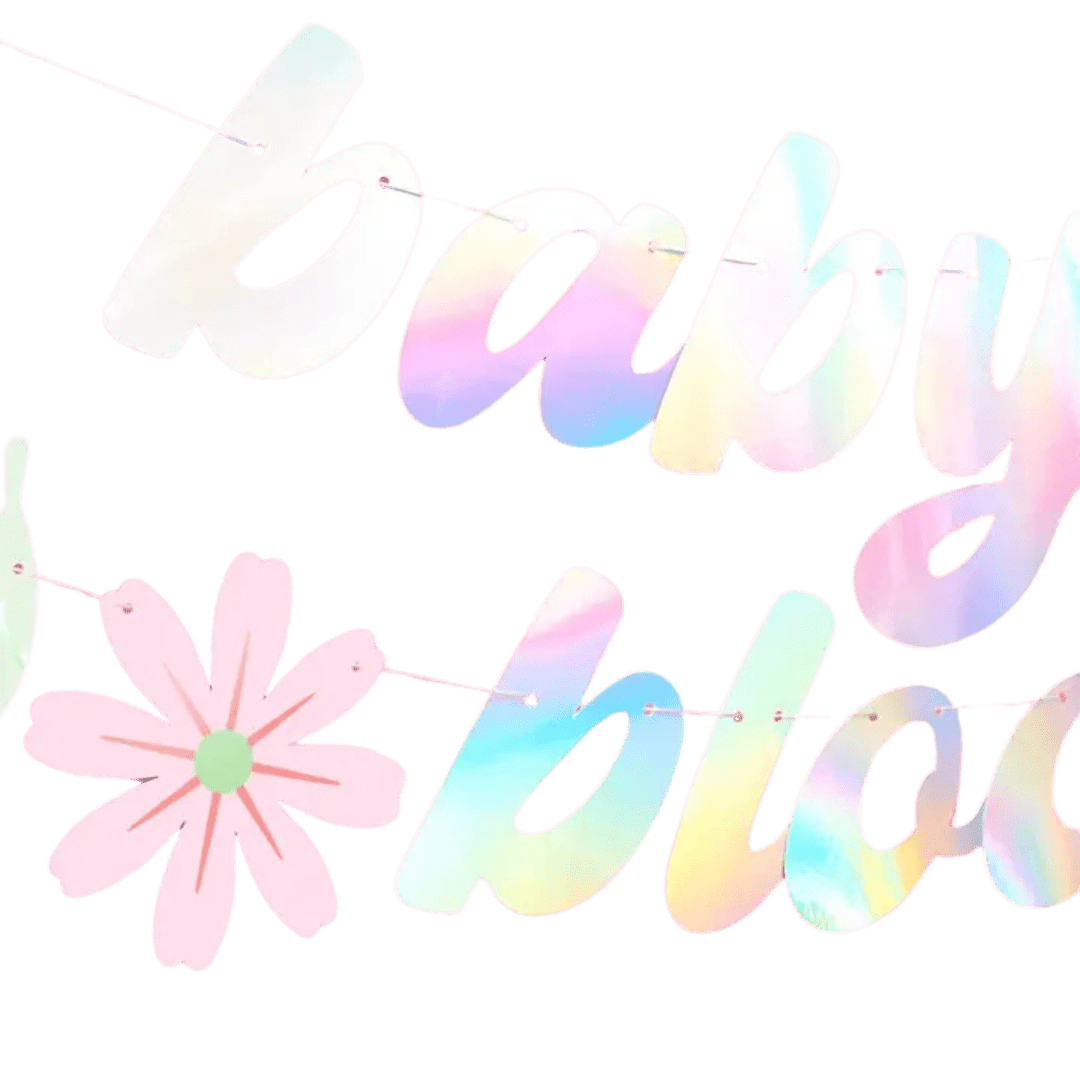 Iridescent pastel baby shower garland with pink flower from Parte Haus party supply store in Bethesda Maryland