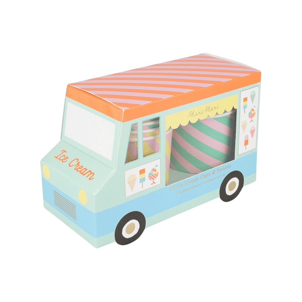 Pastel ice cream truck shaped cup set kids birthday theme from Parte Haus party supply store in Bethesda MD.