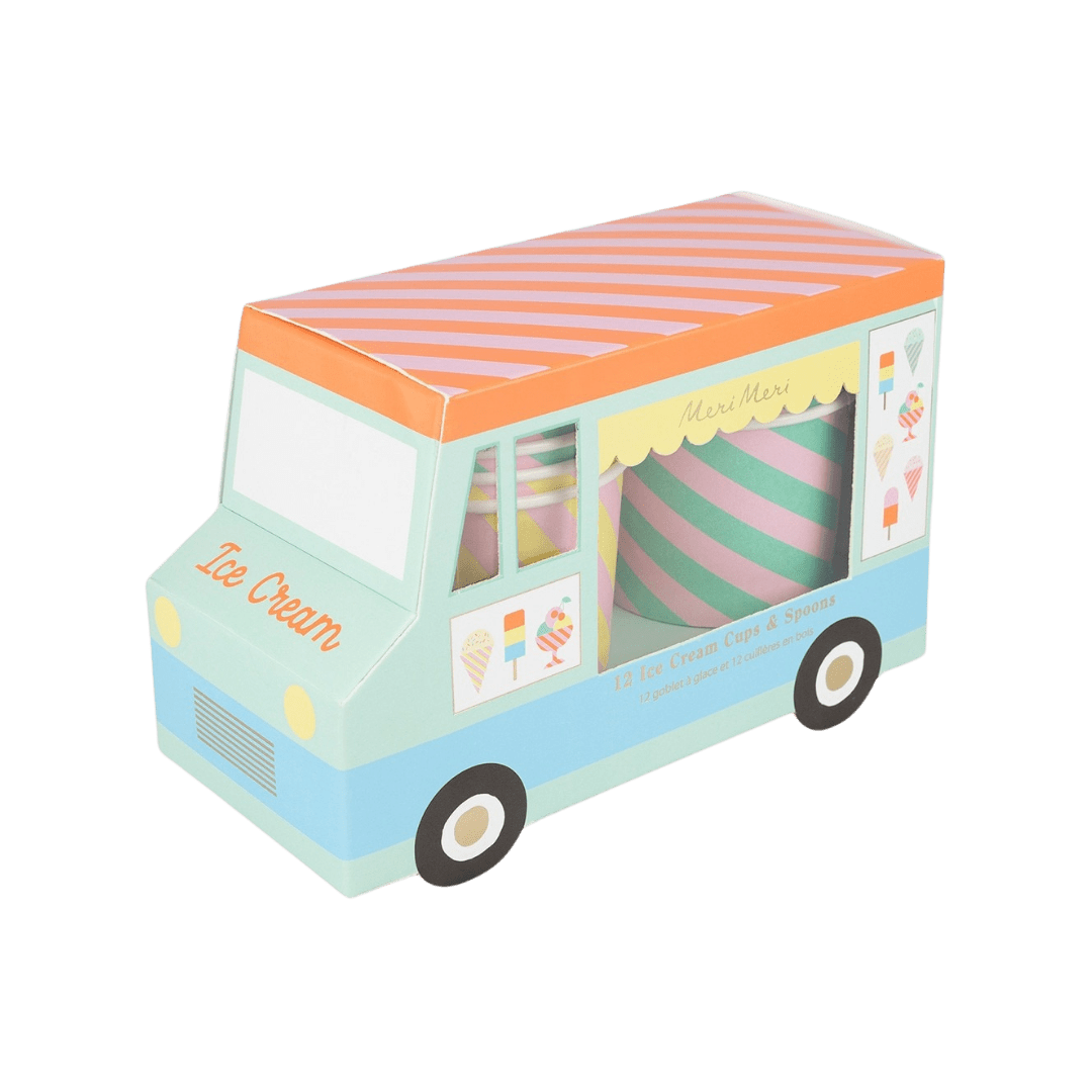Pastel ice cream truck shaped cup set kids birthday theme from Parte Haus party supply store in Bethesda MD.