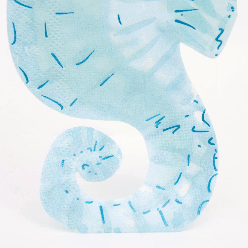 Light blue seahorse shaped napkin ocean theme from Parte Haus party supply store in Bethesda Maryland