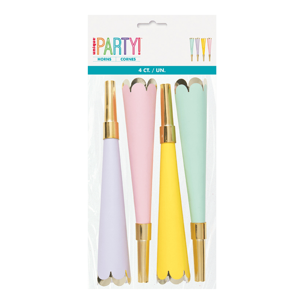 Pastel assorted party horns with gold trim celebration theme from Parte Haus party supply store in Bethesda MD