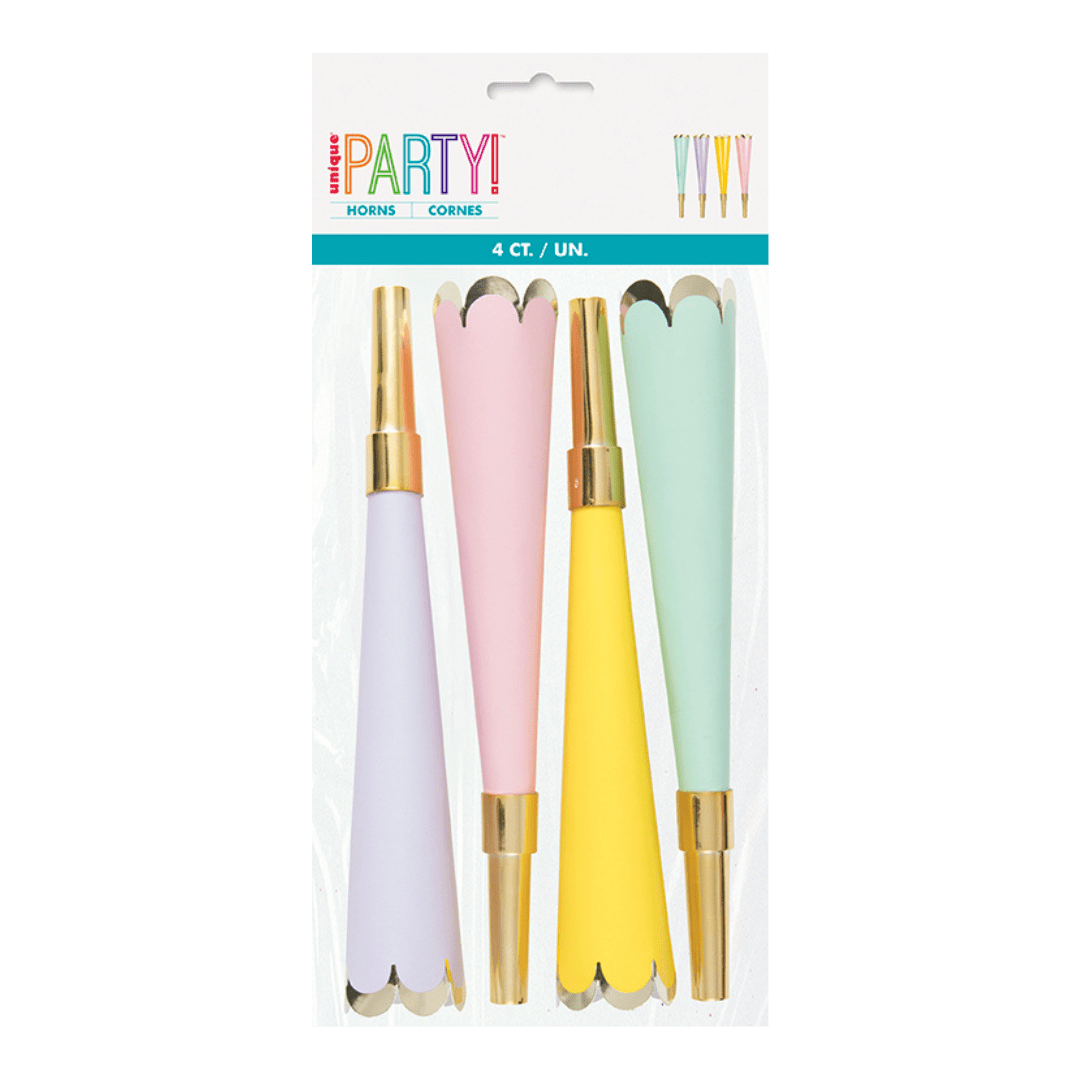 Pastel assorted party horns with gold trim celebration theme from Parte Haus party supply store in Bethesda MD