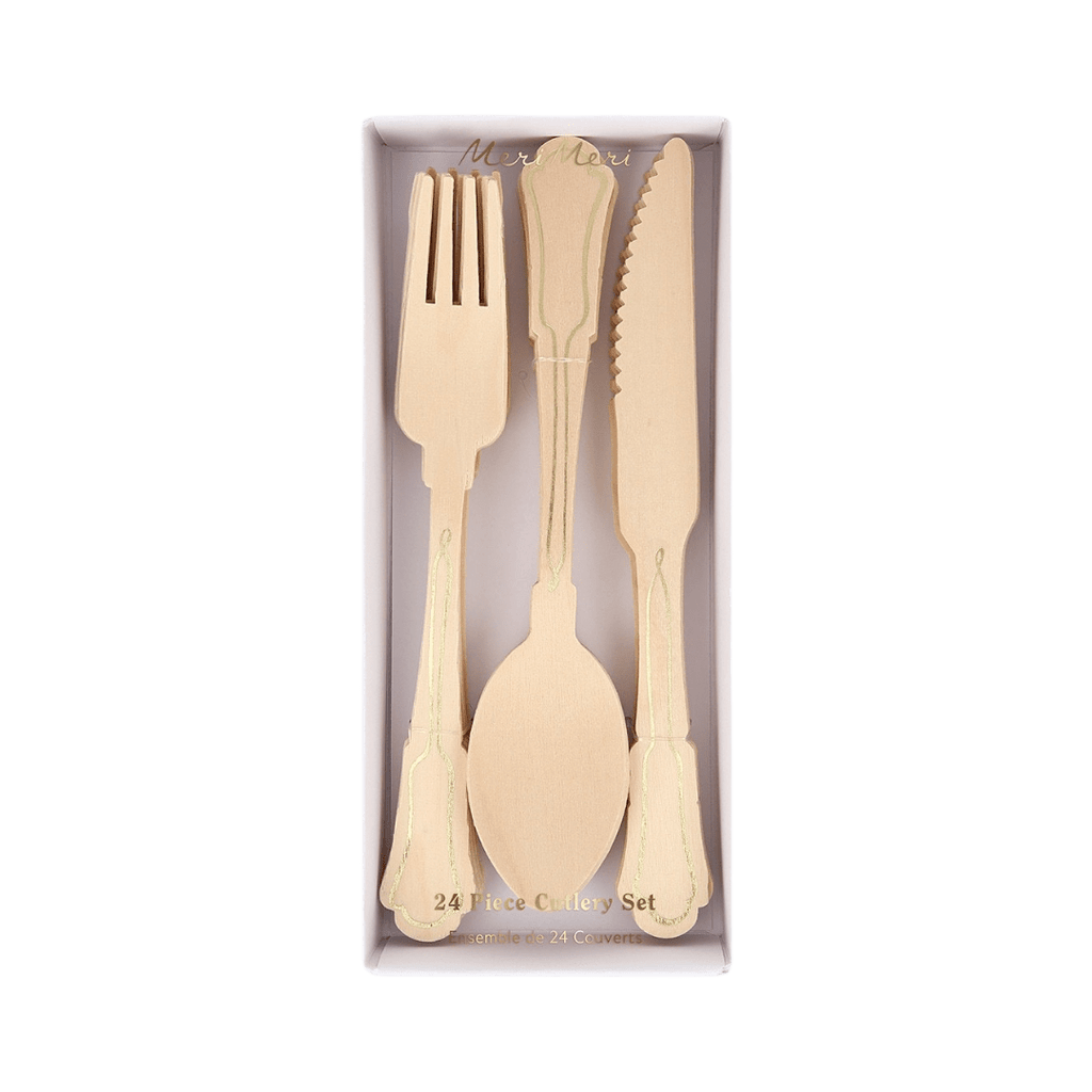 Natural wood cutlery set with gold trim utensils for elegant celebration from Parte Haus party supply store in Bethesda Maryland