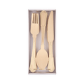 Natural wood cutlery set with gold trim utensils for elegant celebration from Parte Haus party supply store in Bethesda Maryland