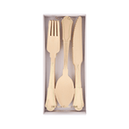 Natural wood cutlery set with gold trim utensils for elegant celebration from Parte Haus party supply store in Bethesda Maryland