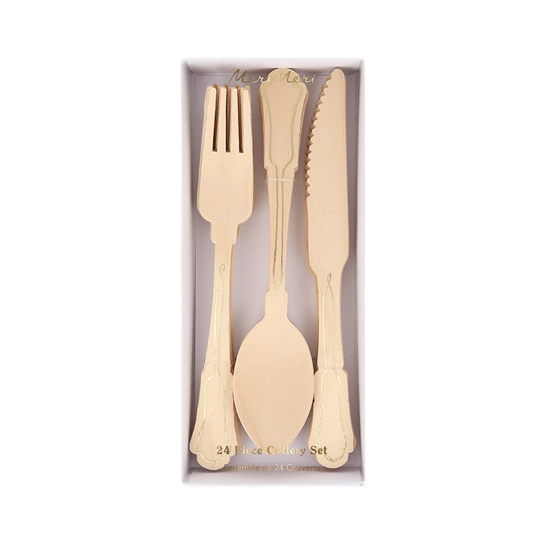 Natural wood cutlery set with gold trim utensils for elegant celebration from Parte Haus party supply store in Bethesda Maryland
