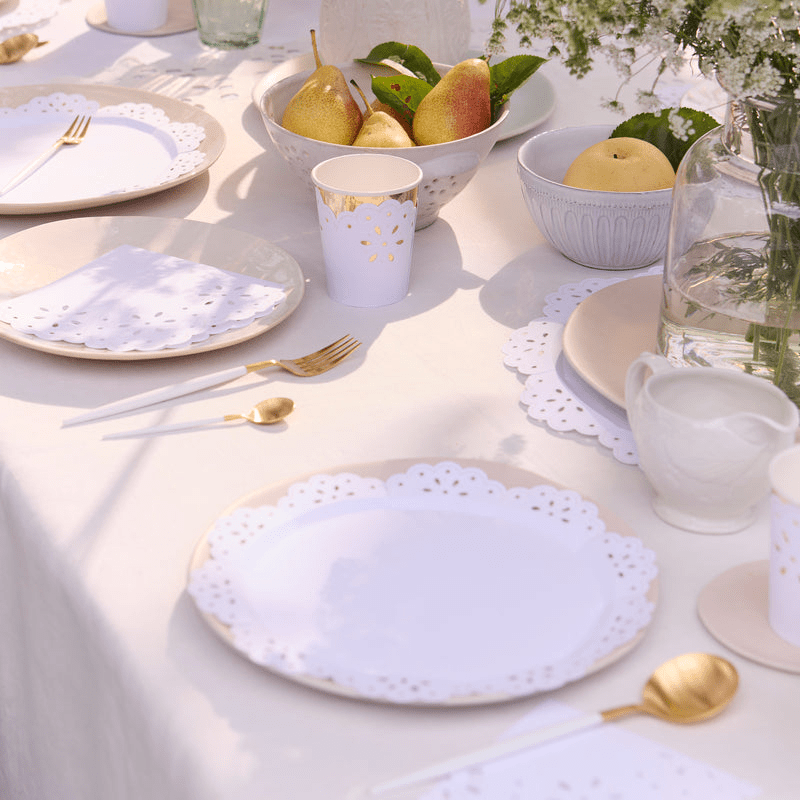 White lace paper plates elegant table setting for celebration from Parte Haus party supply store in Bethesda Maryland