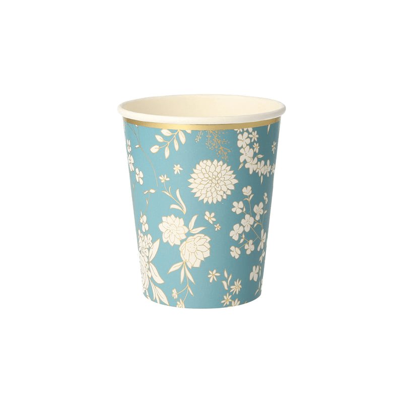 Blue floral paper cup with white flower pattern spring theme from Parte Haus party supply store in Bethesda MD