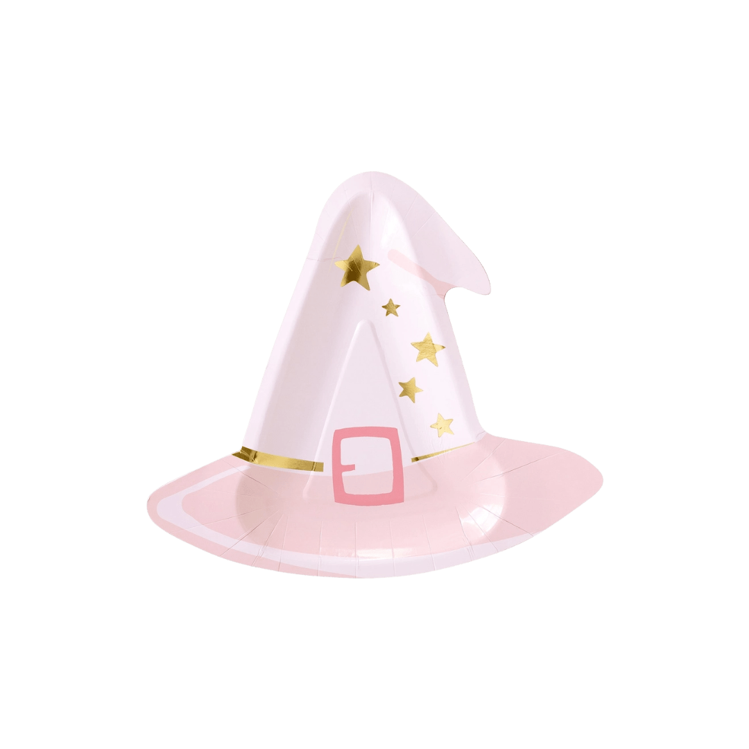 Pink witch hat plate with gold stars Halloween from Parte Haus party supply store in Bethesda Maryland