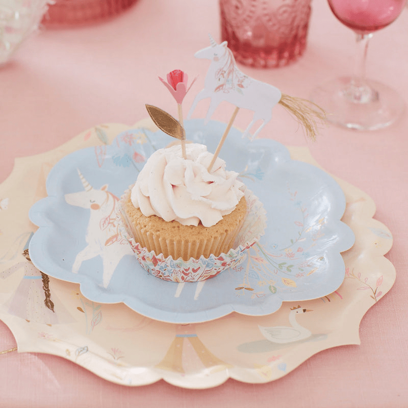 Pastel unicorn cupcake plate set with unicorn and floral design birthday theme from Parte Haus party supply store in Bethesda MD