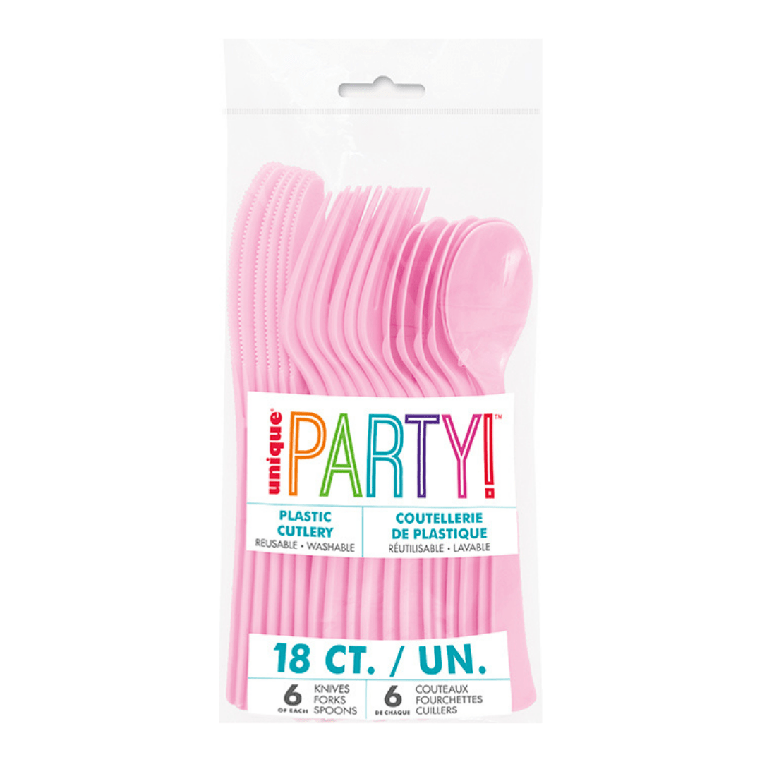 Pink plastic cutlery set with spoons forks and knives for birthday from Parte Haus party supply store in Bethesda Maryland