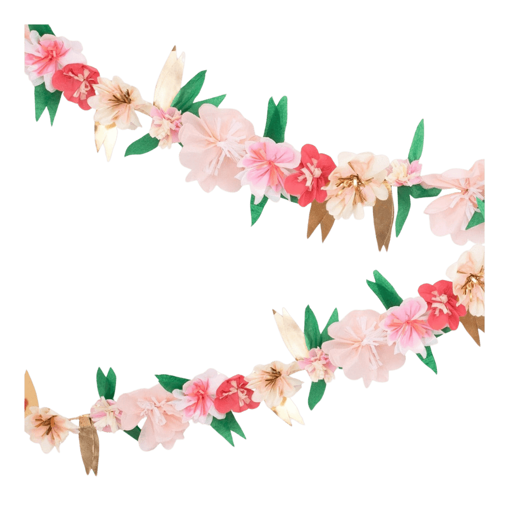 Pink and gold floral garland with green leaves for spring from Parte Haus party supply store in Bethesda MD.