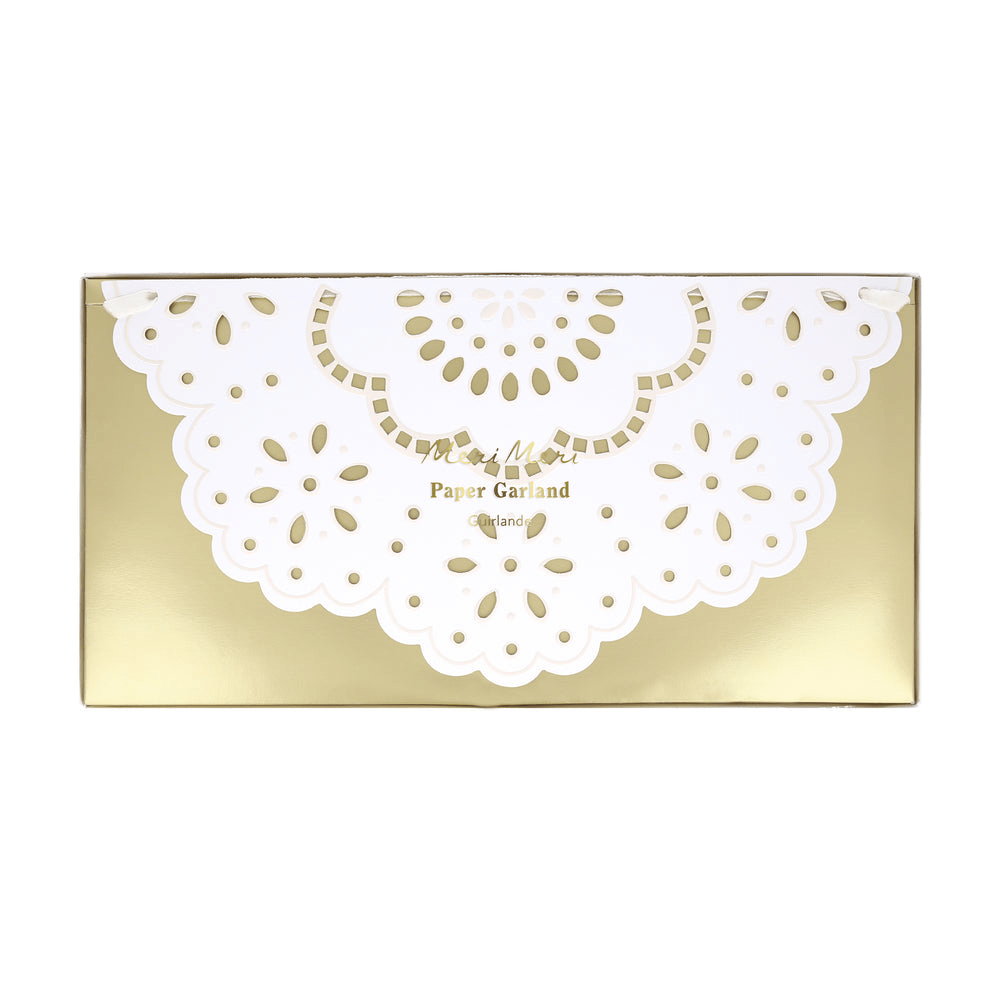 White paper garland with gold box elegant decorative banner for celebration from Parte Haus party supply store in Bethesda Maryland