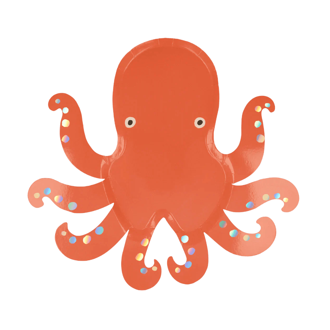 Orange octopus plate with holographic dots ocean theme from Parte Haus party supply store in Bethesda MD
