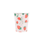 Pink strawberry paper cup with floral print summer theme from Parte Haus party supply store in Bethesda Maryland