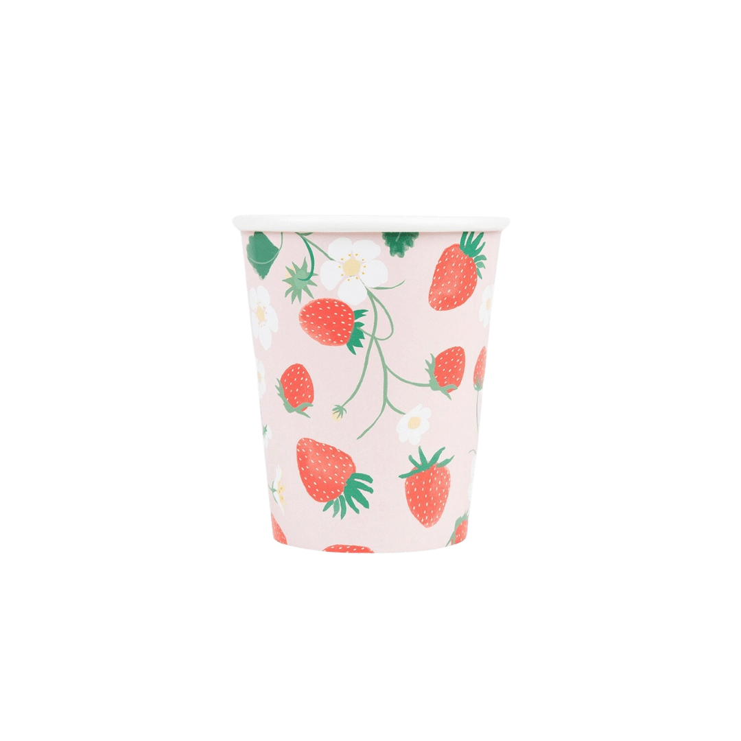 Pink strawberry paper cup with floral print summer theme from Parte Haus party supply store in Bethesda Maryland