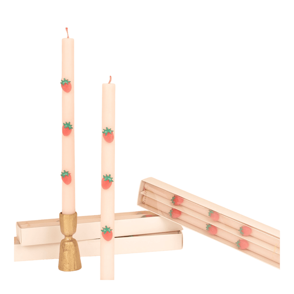 Cream strawberry print taper candles cute decorative table setting from Parte Haus party supply store in Bethesda MD