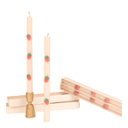 Cream strawberry print taper candles cute decorative table setting from Parte Haus party supply store in Bethesda MD