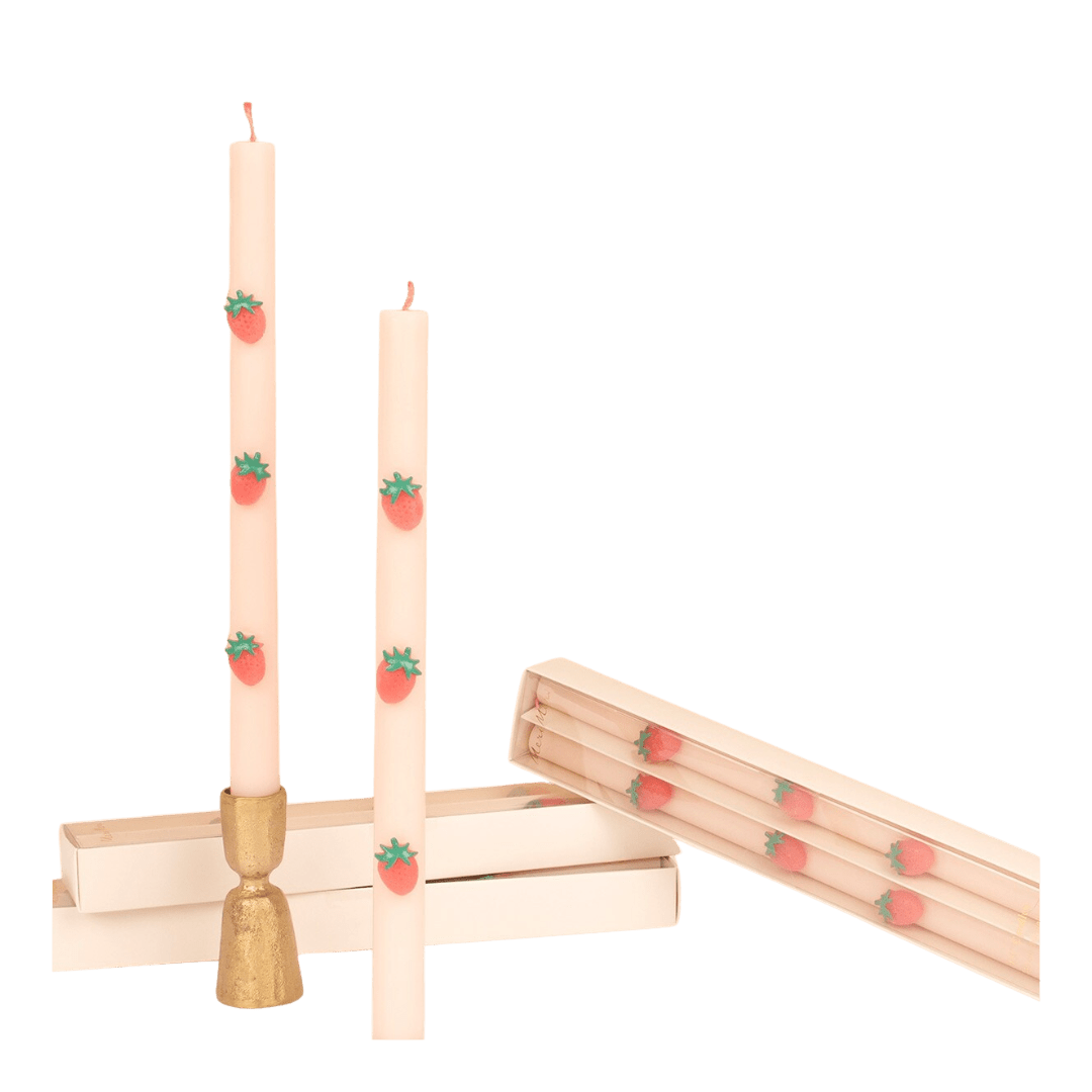 Cream strawberry print taper candles cute decorative table setting from Parte Haus party supply store in Bethesda MD