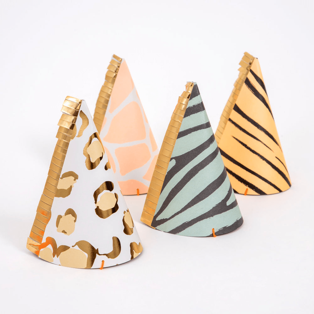 Animal print cone hats animal theme from Parte Haus party supply store in Bethesda Maryland